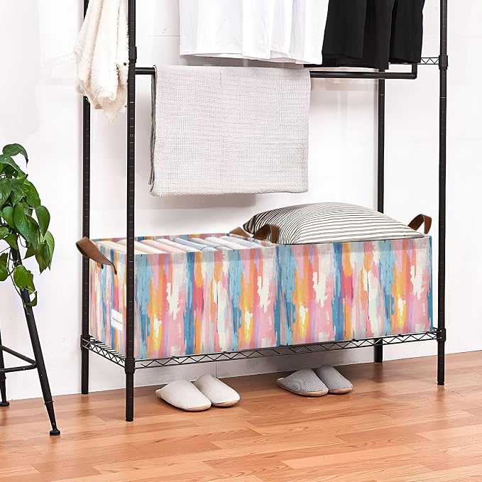 Pastel Rainbow Colored Abstrct Storage Basket Foldable Cube Storage Bin with Handles&Label Collapsible Organizer Box Bin Large Rectangle Decorative Basket for Shelve Home Living Room Closet