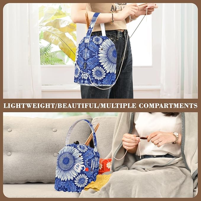 Tatenale Crochet Bag Yarn Bag Knitting Project Bag with Pockets and Handle Portable Yarn Storage Organizer Tangle Free 8.3x11 InchBlue and White Sunflowers Leaves10