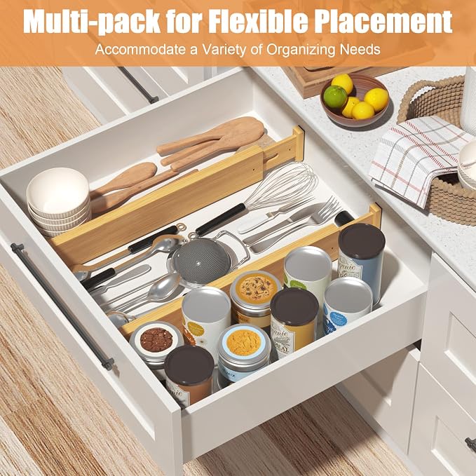 Bamboo Drawer Dividers, Adjustable Drawer Organizers, Fits 17.6–21" Drawers | 2.5" High, 6 Pack Expandable Drawer Separators for Kitchen, Nursery, Dressers & Office Storage, Natural