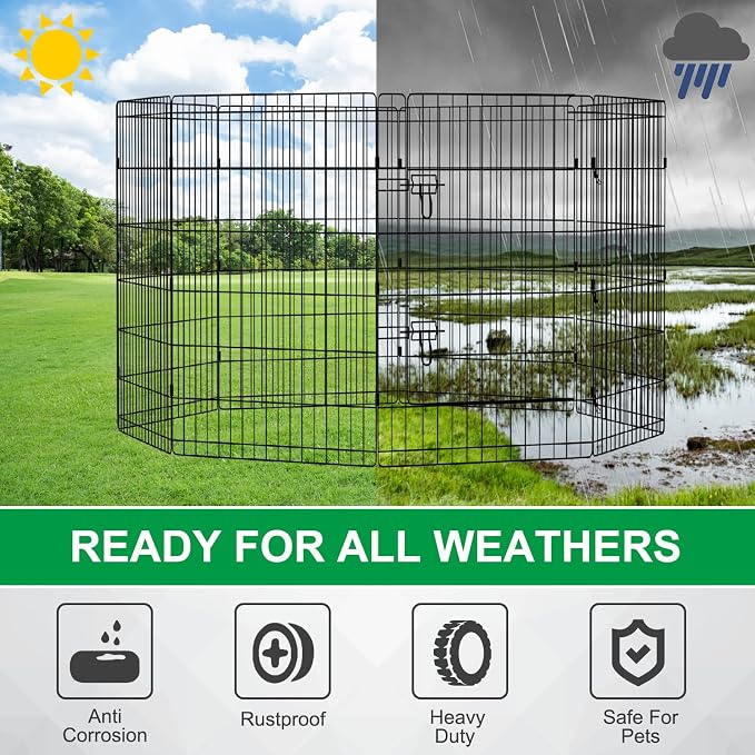 Artmalle Dog Playpen 36 Inch, 8-Panel Rustproof Foldable Fence with Door | Rustproof 8-panel metal playpen with door folds flat, sets up tool-free, and forms multiple shapes for indoor or outdoor use.