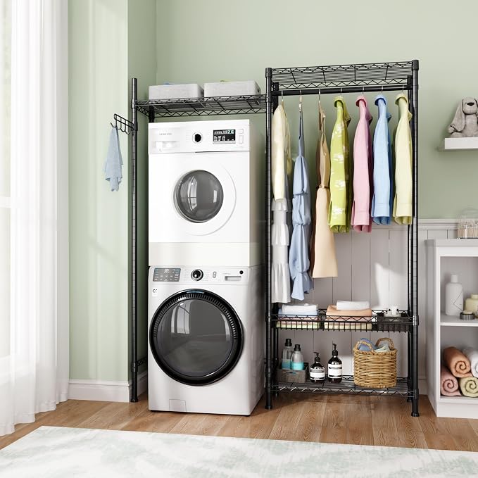Golpart Laundry Organizer Shelves Over the Washer and Dryer Storage Shelf | Heavy Duty Laundry Room Organization Clothes Drying Rack Adjustable Height Wire Shelving and Wire Basket with Hanger Rod
