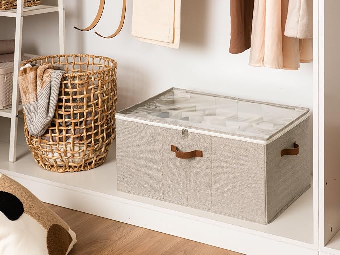StorageWorks 24-Pair Large Shoe Storage Closet, Adjustable Dividers, Taupe | Holds up to 24 Pairs, Foldable, Clear Lid, Reinforced Handles, Fits Sneakers, Boots & Heels, For Mudroom, Living Room