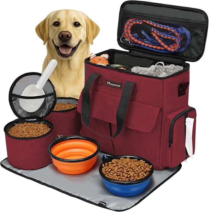 Modoker Weekend Dog Travel Bag with 2 Food Bags, 2 Bowls and Mat,Rose Red | Dog Travel Accessories Organizer for Camping and Road Trips with Roomy Storage, Multiple Pockets and Water-Resistant Oxford