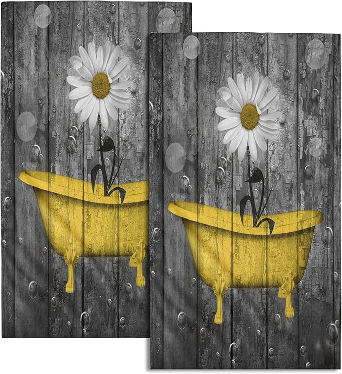 Giwawa Rustic Daisy Wooden Towels Set of 2- Bright Yellow Flower Shower in Bathtub Bubble on Vintage Country Barn Board- Farmhouse Plank Hand Face Fingertip Towel for Bathroom Guest Decor