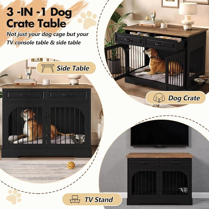 Merax 43.3" Farmhouse Dog Crate Furniture with Rotating Bowls & Drawers – Wooden Indoor Pet Kennel Side Table with Metal Bars – Stylish Dog House for Medium to Large Breeds, Black & Brown