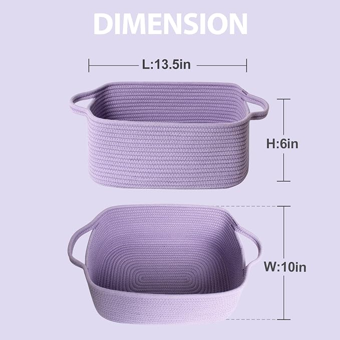 MEGASKET Purple Woven Basket, 13.5” x 10” x 6” Purple Empty Gift Basket to Fill, Decorative Cotton Rope Storage Bin for Organizing, Cute Baby Nursery Organizer, Rectangle Dog Toy Bin, Room Decor