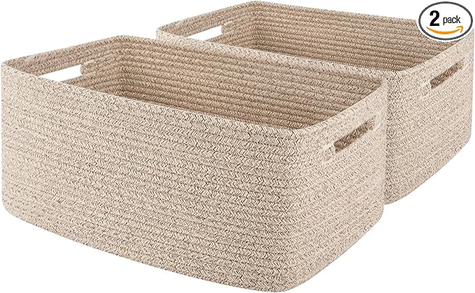 OIAHOMY Storage Basket for Shelves, Closet Cube Storage Bins Baskets for Clothes Blanket Towels, Baby Nursery, Toy Baskets Box, Woven Rope Basket, 17.72 * 12.99 * 7.87 IN, 2 Packs Brown