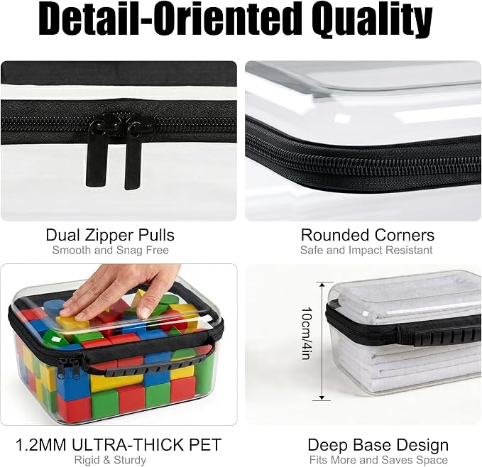 3 Pack Clear Hard Shell Zipper Storage Case Deep Capacity Organizer Pouches | PET Waterproof Transparent Bags with Handle 1.2mm Thick for Makeup Toiletries Cosmetics Toys Art Supplies Travel Essentials