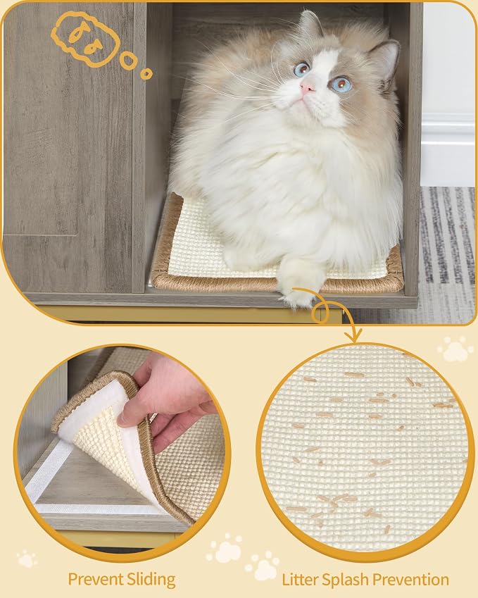 Hzuaneri Cat Litter Box Enclosure, Hidden Litter Box Furniture with Storage | Large Wooden Cabinet with Sisal Mat, Modern Cat Washroom for Living Room, Bedroom, Entryway, Greige and Gold CB01505G