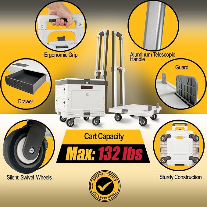 Wellmax Rolling Crate with Wheels, Foldable Utility Cart, 132 lb, White | Adjustable Telescoping Handle, Silent Rolling Wheels, Collapsible Rolling Crate for Car Trunk, Teachers, Office & Groceries