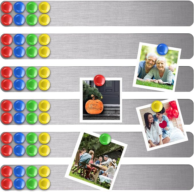 Outus 6 Pcs Magnetic Wall Strips 15" x 2", 48 Magnets, Silver | Metal display strips for notes, photos and memos; ideal for office, home, classroom and workspace.