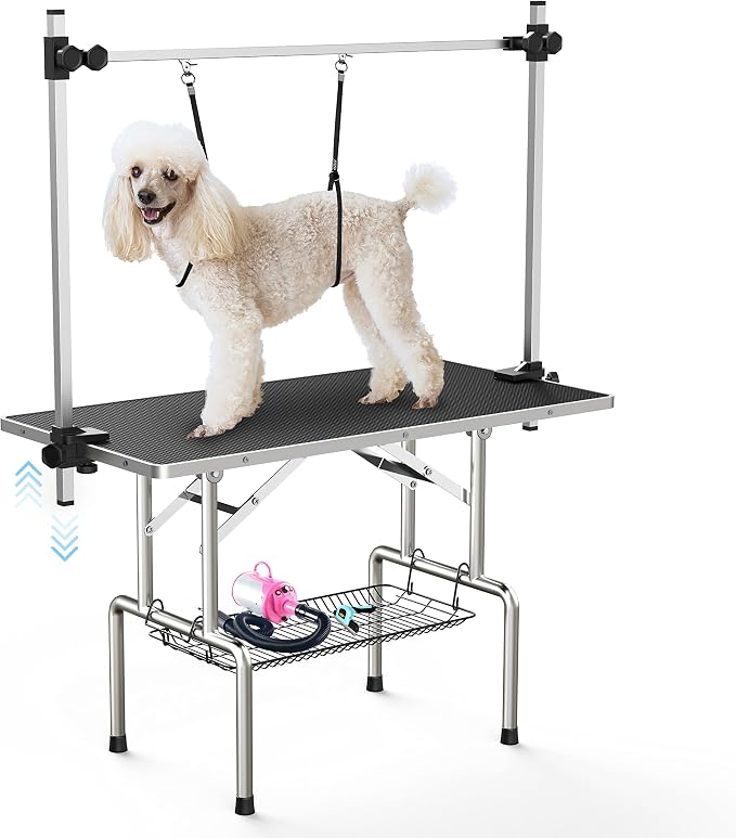 36'' Foldable Dog Grooming Table with Arms/Nooses/Mesh Tray, Black | Stainless Steel Grooming Table for Dogs at Home, Adjustable Pet Bathing Station, Non-Slip Waterproof Tabletop, Capacity 330Lb
