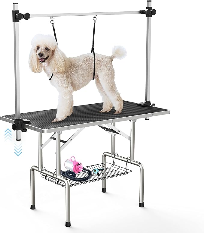 46''Large Dog Grooming Table, Adjustable Cat Drying Desktop with Arms, Nooses, Mesh Tray, Foldable Pet Station at Home, Maximum Capacity Up to 330Lb, 46inch, Black, 46in | Stainless Steel Grooming Table for Dogs at Home, Adjustable Pet Bathing Station,...