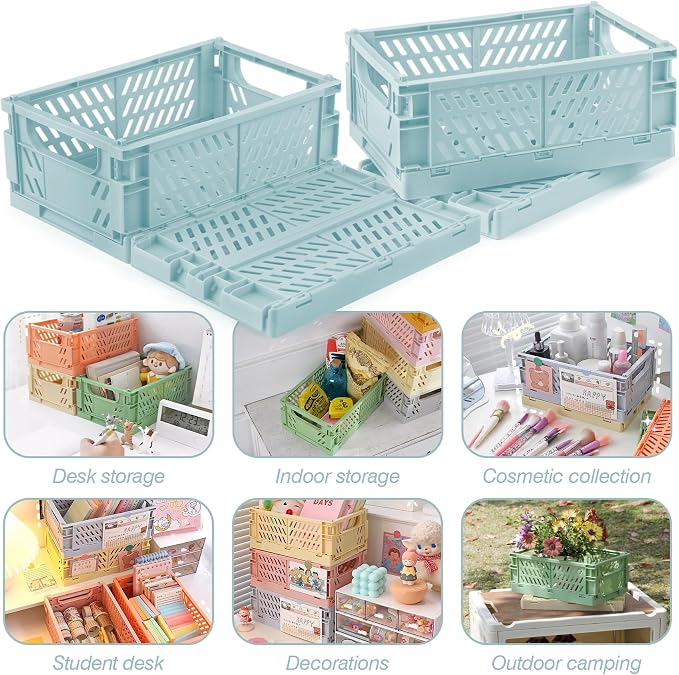 4 Pcs Collapsible Storage Crates, 10x6.5x4 inches Space-Saving Folding Containers, Stackable Plastic Boxes for Home Kitchen Office Bedroom Bathroom, Light Blue, Medium