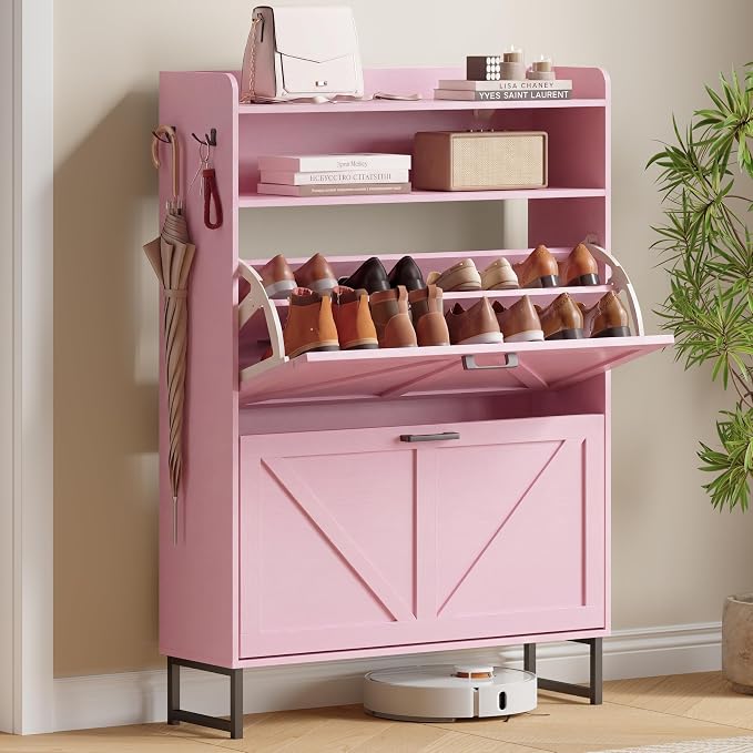 Xixini Shoe Storage Cabinet with 2 Flip Drawers, Entryway Shoe Rack, Pink | Freestanding Narrow Shoe Storage, Hidden Slim Wood Shoe Organizer, Modern Farmhouse, Open Storage & Hooks for Closet, Hallway