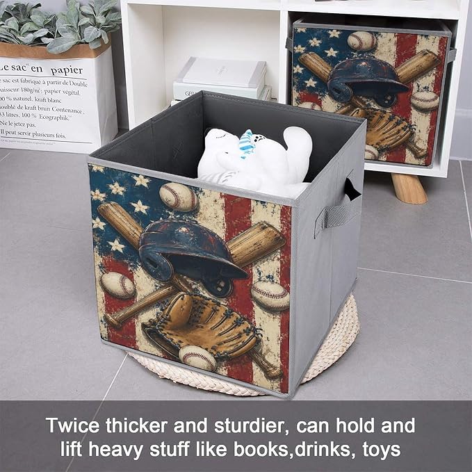 Baseball Gear American Flag Design Storage Bin with Handles, Oxford Fabric Foldable Storage Cube Organizer for Clothes, Towels, Bedroom, Living Room, Home Organization