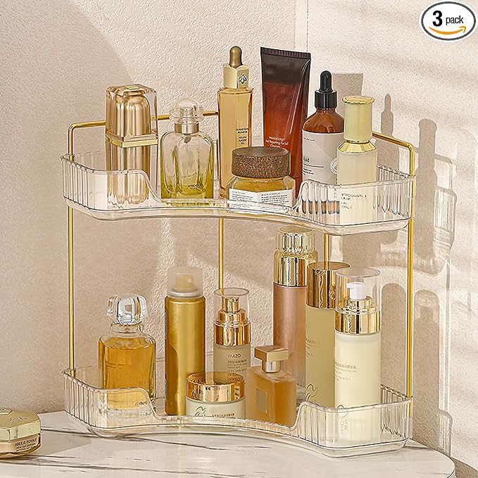 Aveniee Corner Bathroom Counter Organizer, Bathroom Countertop Shelf Makeup Organizer for Vanity Perfume Tray for Corner Storage (2 Tiers, White)