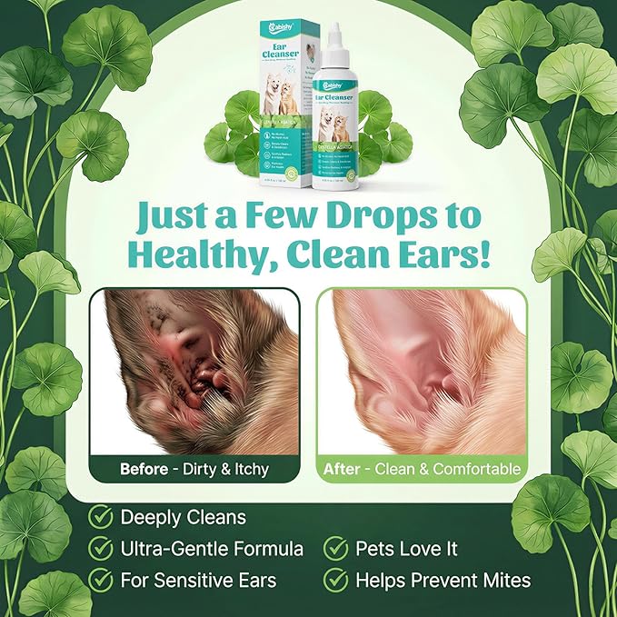 Cabishy Ear Cleaner for Dog Cat Ear Drops Wax Removal with Centella Asiatica No Irration, No Alcohol, Non-Medicated Pet Ears Wash Cleaning Solution Itch Relief Soothing Deodorizing Itchy Ears 4oz