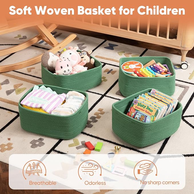 OIAHOMY 4 Pack 14.17 * 11.02 * 6.3IN Storage Baskets for Organizing Shelves, Woven Rope Baskets for Organizing Books, Clothes, Decorative Basket for Living Room, Nursery, Bedroom, Gift Basket, Green