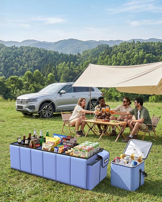 HOTOR Trunk Organizer, Sturdy Foldable with Cooler for Car, Sudan & SUV | Car Organizers and Storage, Detachable Cooler Bag, for Tools, Camping, 3 Compartments, Blue, 31.5” x 12.6” x 10.6”