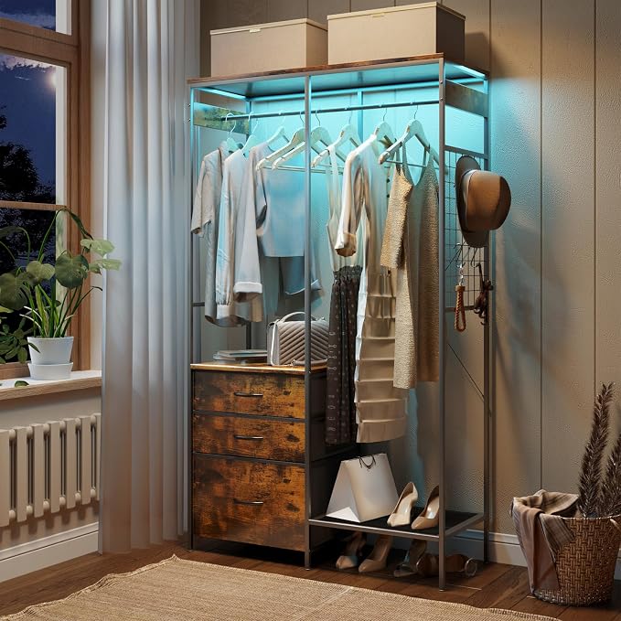 Heavy Duty Clothes Rack with 3 Drawers & LED Light, Garment Rack with 3 Shelves, Free Standing Wardrobe Organizer with 8 Hooks for Bedroom, Small Space, Garming Room（37.8"W x 66.93"H, Rustic Brown）