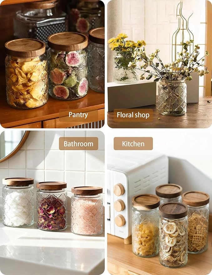 Vintage Glass Jar with Wood Lid - Christmas Airtight Canisters for Kitchen Countertop Bathroom, Storage Candy, Cookie, Coffee, Apothecary, Sugar, Flour,Pet Treat (Begonia, 34oz/1000ml)