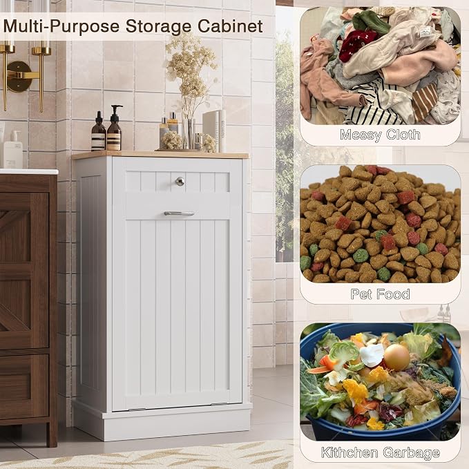 KIGOTY Tilt Out Trash Can Cabinet, Laundry Hamper Cabinet, Kitchen, White