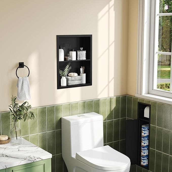Qeke 14x 18 Medicine Cabinet Recessed with Double Shelves, Matte Black | 304 Stainless Steel Medicine Cabinet without Mirror, No Tile Needed Wall Niche for Bathroom Storage, Space Saving & Durable