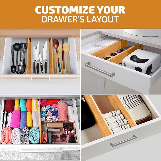 6-Pack Drawer Dividers 6-Inch High Dresser Drawer Organizer 11.5 to 17 Inch | Bamboo, Spring Loaded, No Tools Needed, for Clothes, Utensils, Socks and Deep Drawers in Bedroom, Bathroom, Kitchen, Office