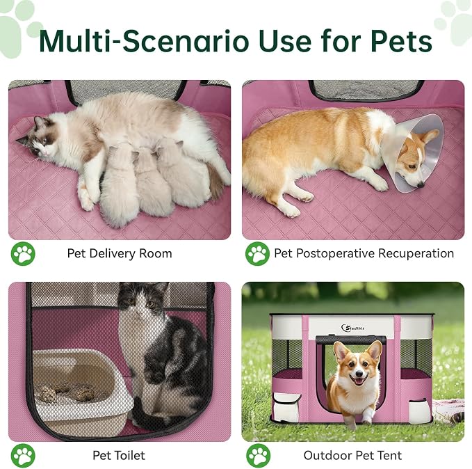 Siedihit 31" Dog Playpen,Cat Puppy Pen, Pet Portable Crate Indoor Outdoor | Durable Travel Camping Use,Foldable Dog Kennel Tent Cage for Rabbit Small Animals with Carrying Case (Pink with Pad, Medium)