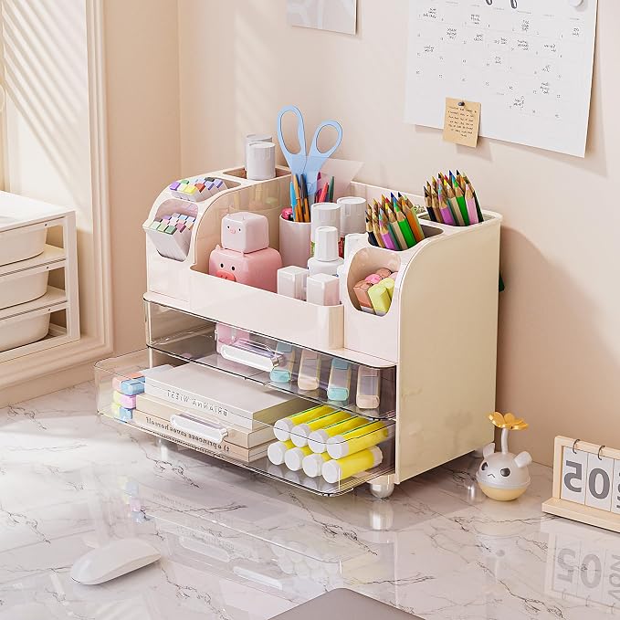 Delamu Large Makeup Organizer Countertop with 6 Brush Holders, Cream White