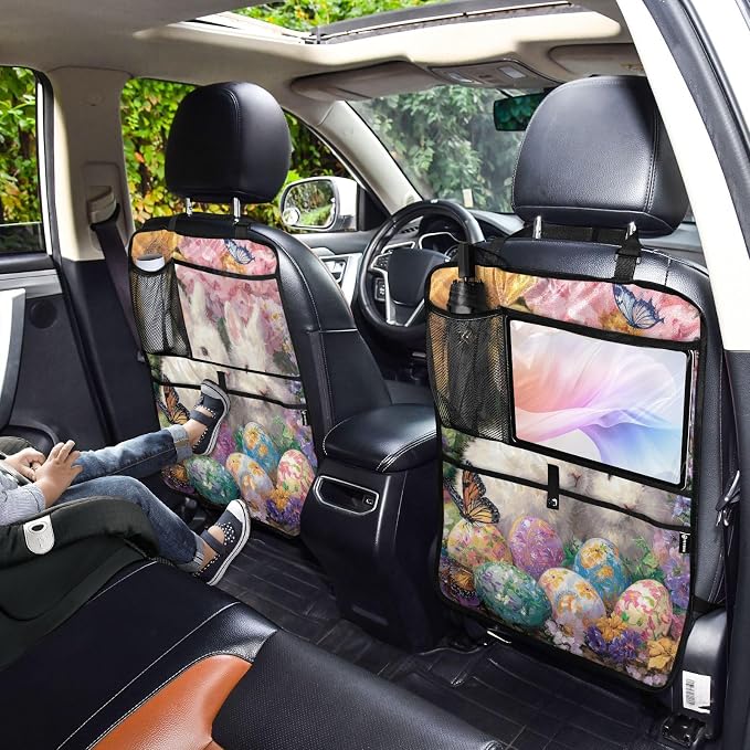 2 Pack Back Seat Car Organizer with Storage Pockets Kick Mats Back Seat Protector Hanging Car Organizer Automotive Seat Back Cover Organizers Easter Bunny Eggs Sunlowers