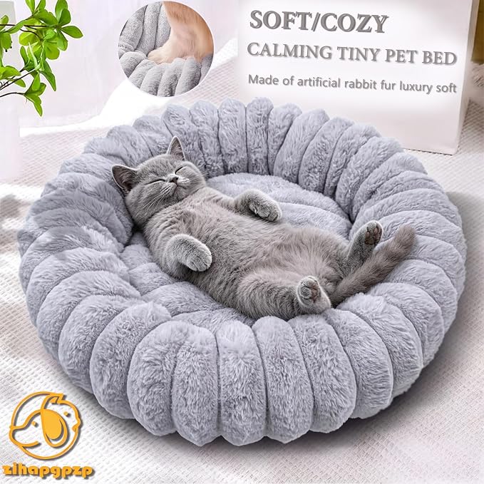 Tiny Donut Pet Bed, 16 Inch Round Calming Bed for Puppies & Kittens, Soft Cozy for Indoor Cats & Extra Small Dogs, Anti-Slip Bottom, Washable, Light Gray