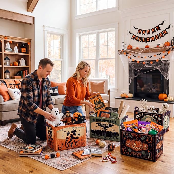 4 Pcs Vintage Halloween Storage Basket for Gifts Large Retro Gothic Storage Bins with Handles 15 x 10 x 8 Fabric Laundry Baskets Spooky Halloween Collapsible Organizer Boxes for Home Cloth Toy