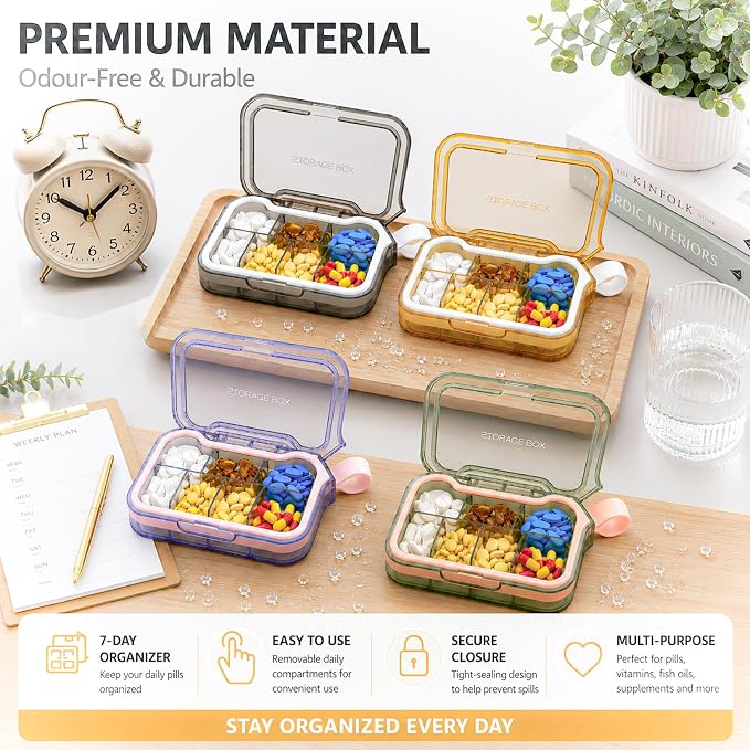 Small Pill Case, Travel Pill Organizer, Pocket Size Medicine Box | 7 Compartments Compact Pill Box for Fish Oil Vitamins Supplements Daily Medications, Purse Backpack Office