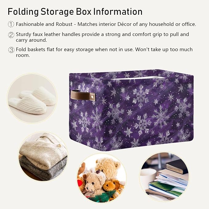 Wamika Winter Snowflake Storage Basket with Waterproof Liner and PU Handles Christmas Purple Xmas Storage Bins Boxes 14.2" Collapsible Decorative Organizer Baskets for Bedroom Closet Office 1 Pack