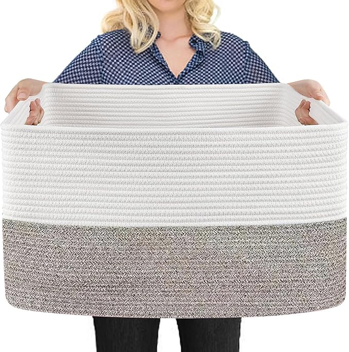 MEGASKET Large Blanket Basket, 22"x17"x12" Rectangle Blanket Storage for Living Room, Decorative Kids Dog Toy Bin Box, Soft Woven Cotton Rope Storage Basket, Big Wicker Throw Pillow Organizer Holder
