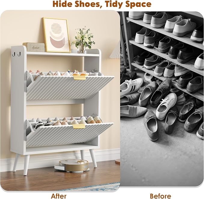 Shoe Storage Cabinet for Entryway with 2 Flip Drawers,Fluted Door | Shoe Organizer Cabinet with Adjustable & Removable Shelves,Narrow Shoe Cabinet for Foyer, Hallway, Living Room, 2 Hooks,White