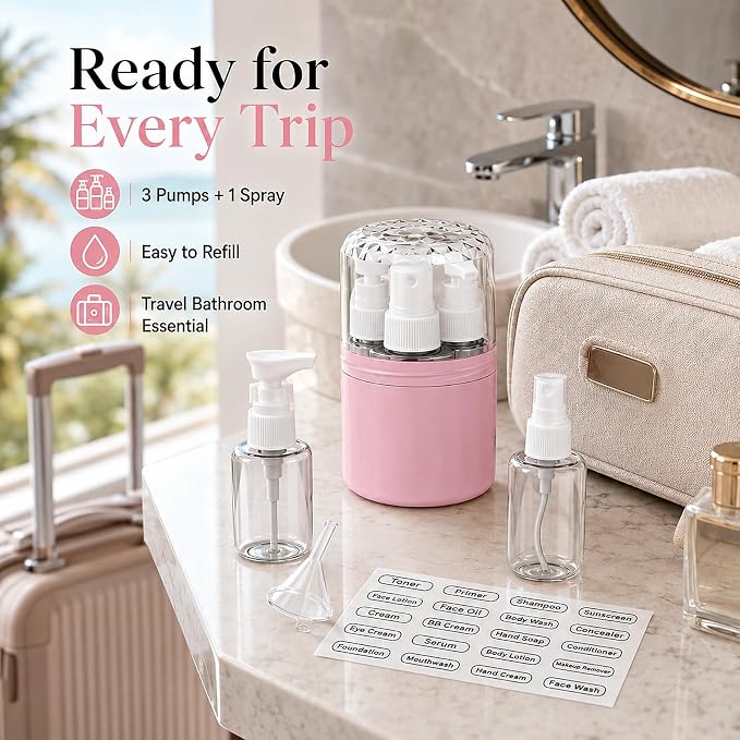 4-in-1 Travel Dispenser with 4 x 50 mL Bottles, Pink | 4 refillable 50 mL bottles, pump and spray tops, included label stickers, compact design for toiletries, travel, gym