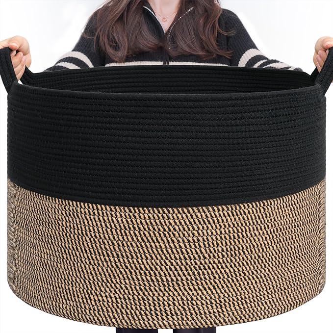 INDRESSME XXXLarge Woven Rope Blanket Basket Living Room Mix Black, 90L | 21.7" x 13.8" Storage baskets for toys laundry & pillows. Fits living room, bedroom or nursery décor. Soft-touch with handles