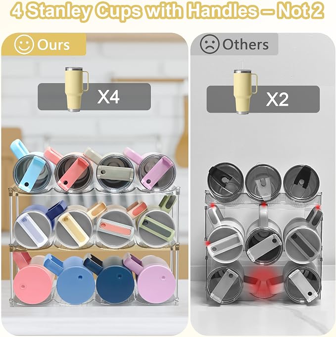 Stackable Water Bottle Organizer for Cabinet - Acrylic Tumbler Organizer Storage Rack for Stanley 40oz, Stanley Cup Holder, Pantry Kitchen Organizers and Storage for Stanley Cup, Holds 12 Bottles