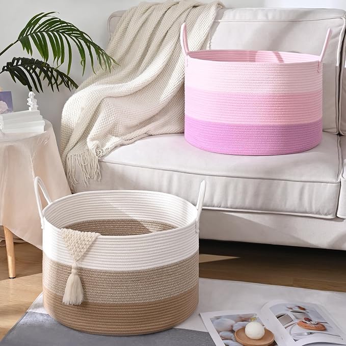 67L Large Woven Blanket Basket, Cotton Rope Baby Laundry Hamper with Handles, Kids Toy Basket for Classroom & Nursery, Soft Round Stuffed Animal Storage, Dog Toy Bin - 20"x13", Pink
