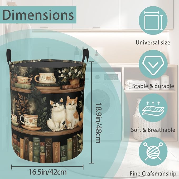 Cat Bookshelf Round Laundry Hamper Storage Basket Toys Clothes Organizer Bin For Home Bathroom Bedroom Dorm Nursery