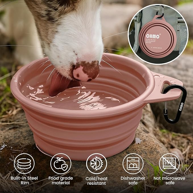OHMO Small Collapsible Dog Bowls, Steel Rim, 12oz, 2pcs, Coral&Sage Green | Portable Pet Water&Food Bowl, Cat-Friendly, BPA-Free Silicone, Foldable, Hiking&Camping Travel Gear, Stable Shape, Easy-Clean
