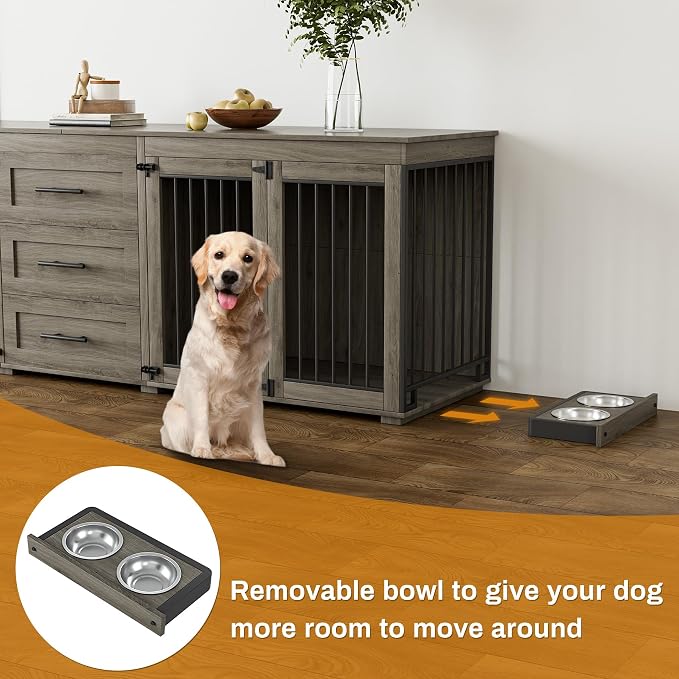 OUYESSIR 94.5" Double Dog Crate Furniture for Medium Large Dogs, Grey | Extra large dog kennel fits 2 Medium or large dogs, 3 Storage Drawers, 4 removable Stainless steel dog bowls, Solid Wood