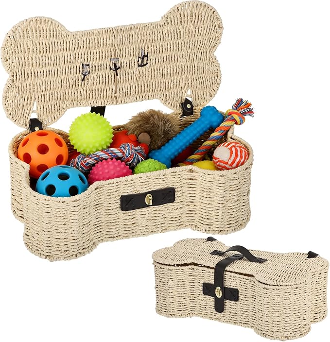 Bone Shaped Storage Basket Large Dog Toy Basket with Lid and Handles Dog Toy Bin Wicker Woven Bone Pet Organizer for Storing Frisbee Blankets Treats Pet Supplies