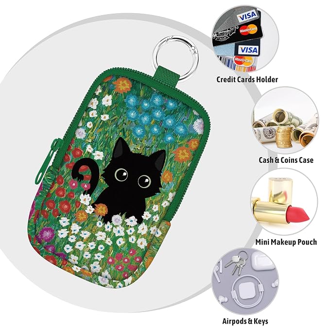 Hand Sanitizer Holder, Floral Black Cat Spray Case Zippered Pouch | Keychain, Travel Size, Cute Fashion Accessory with Snap Hook, for Glow Mist and Power Mist 1FL OZ, Mini Small Pocket Clip on
