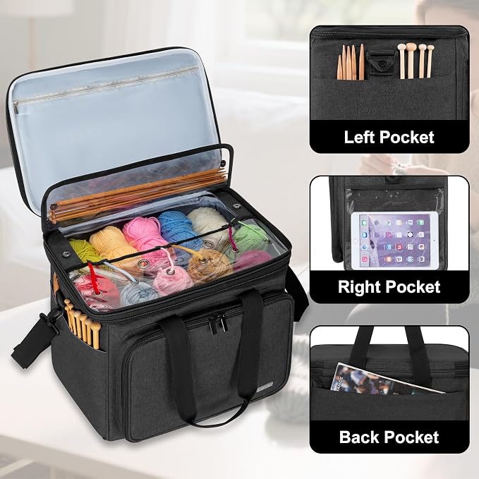 Teamoy Crochet Bag, Knitting Bag Yarn Storage Tote, Yarn Organizer, Black | Yarn Holder for Crocheting, with Inner Divider and Cover, for Yarn Skeins, Project, Knitting Needles, and Crochet Supplies