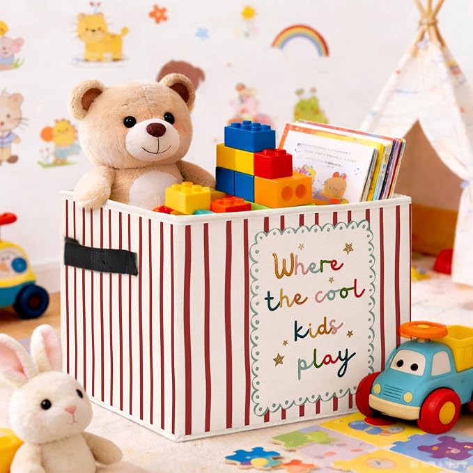 Cool Quote Storage Bin, Red Stripe Foldable Fabric Basket | Red stripe quote fabric organizer for nursery, bedroom, playroom, toys, books, and clothes