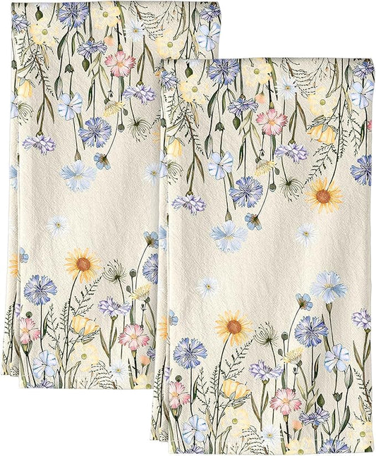 Miss Adola Flour Sack Kitchen Towels - Set of 2 Spring Dish Towels with Hanging Loop 18x26 Inch Absorbent Reusable Cotton Cloths for Cleaning Cute Design Home Decorative Housewarming, Colorful Flower